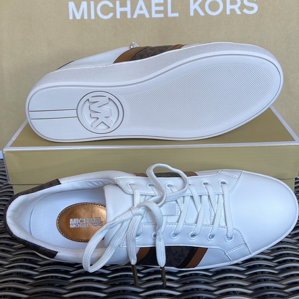 MICHAEL KORS POPPY STRIPE LACE UP NAPPA FAUX LEATHER WMNS OPTIC WHITE/BROWN - Picture 4 of 16